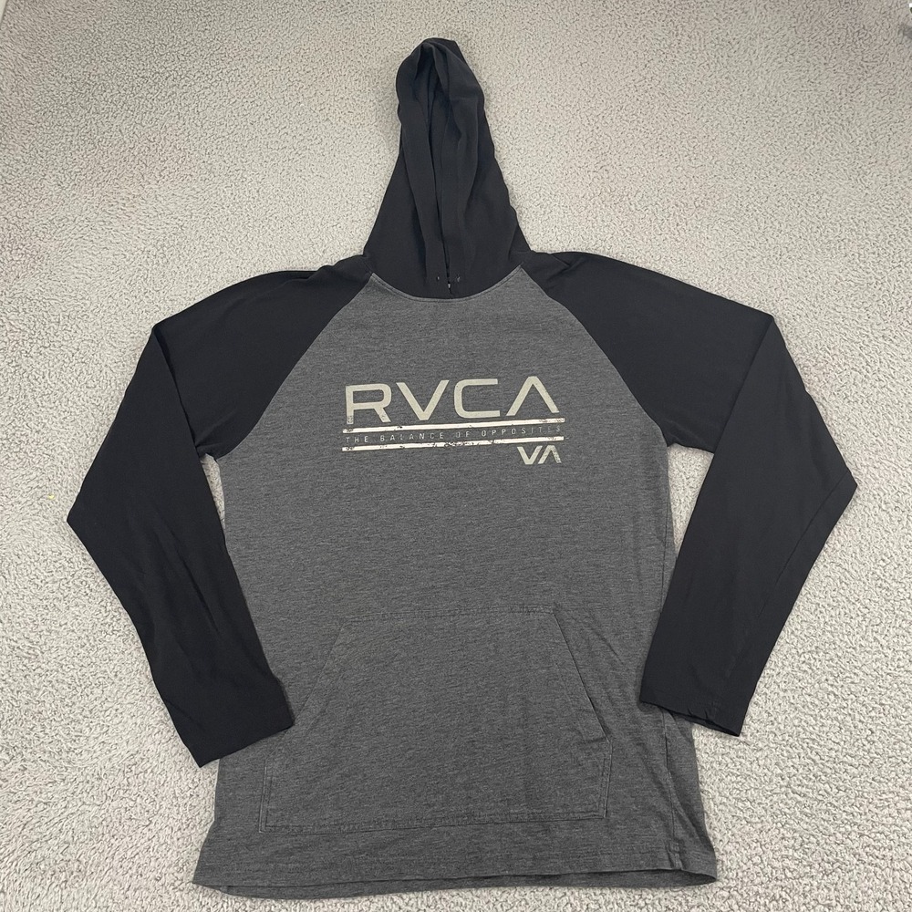 RVCA Hooded Shirt Men L Gray Colorblock Regular Fit Skater Raglan Long Sleeve